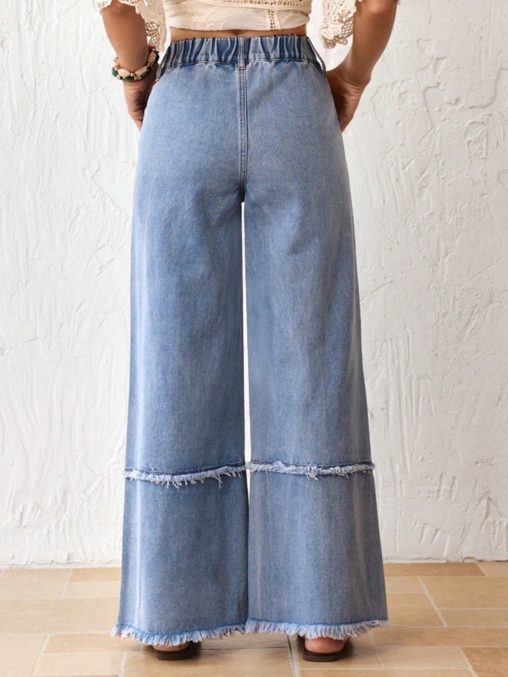 Western Light Wash Flower Patchwork Frayed Hem Wide leg Denim Jeans - Picture 5 of 6